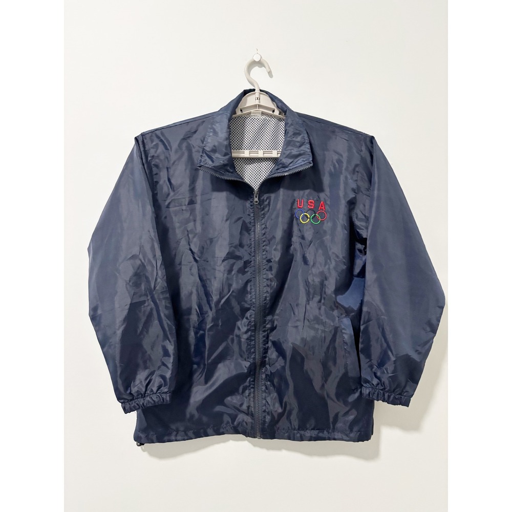 Vintage Windbreaker Jacket Mens M Navy Blue USA Olympic Rings Logo Full Zip Up